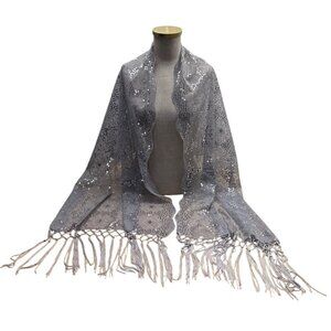 Silver Sequin Floral Lace Wrap Scarf With Fringe